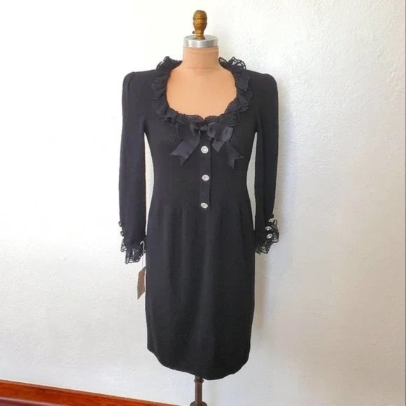Don Sayres Knit Dress Black With Rhinestone Buttons Lace Ruffle Detail 6 - Picture 1 of 7